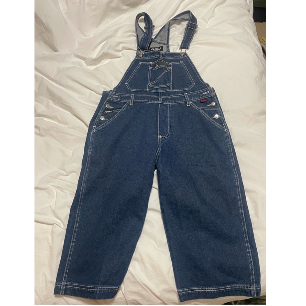 Vintage FUBU "The Collection" blue denim overall shorts - M